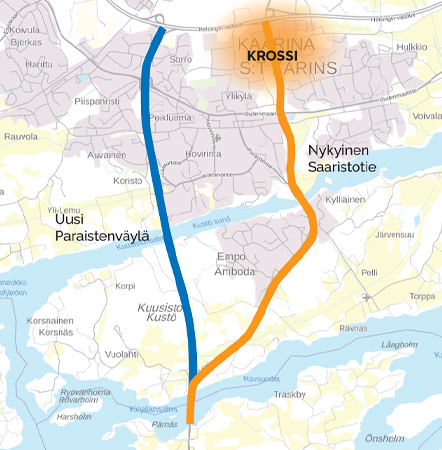 Kaarinan kartta, johon on merkitty Krossin läpi kulkeva Saaristotie/Kaarinantie sekä sen länsipuolella kulkeva uusi Paraistenväylä.